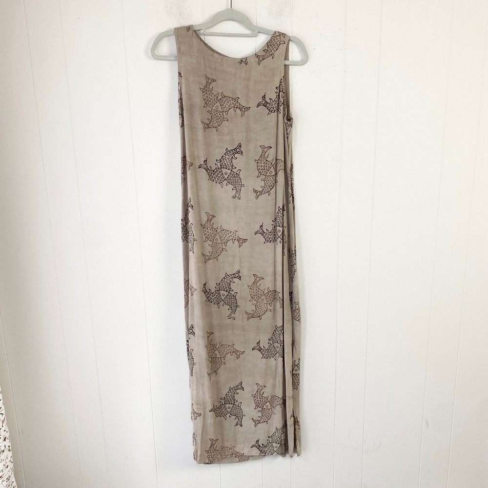 Urban Safari New York Tan Fish Print Rayon Sleeveless Maxi Dress Medium